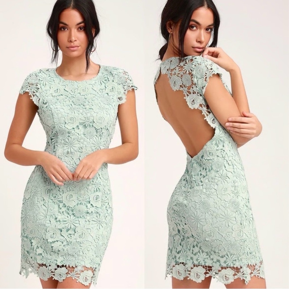 NWT Lulu’s Romance Language Sage Green Backless Lace Dress Style 747712 Size L